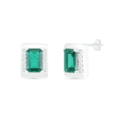 Emerald-Cut Lab-Created Emerald and White Sapphire Bar Frame Stud Earrings in Sterling Silver|Peoples Jewellers