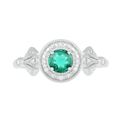 5.0mm Lab-Created Emerald and 0.04 CT. T.W. Diamond Beaded Frame Fan Side Accent Vintage-Style Ring in Sterling Silver|Peoples Jewellers