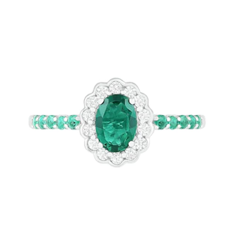 Oval Lab-Created Emerald and White Sapphire Scallop Frame Ring in Sterling Silver|Peoples Jewellers