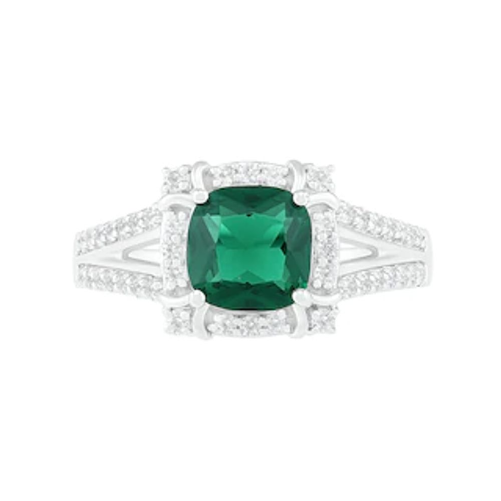 7.0mm Cushion-Cut Lab-Created Emerald and White Sapphire Frame Art Deco Split Shank Ring in Sterling Silver|Peoples Jewellers