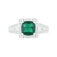 7.0mm Cushion-Cut Lab-Created Emerald and White Sapphire Frame Art Deco Split Shank Ring in Sterling Silver|Peoples Jewellers