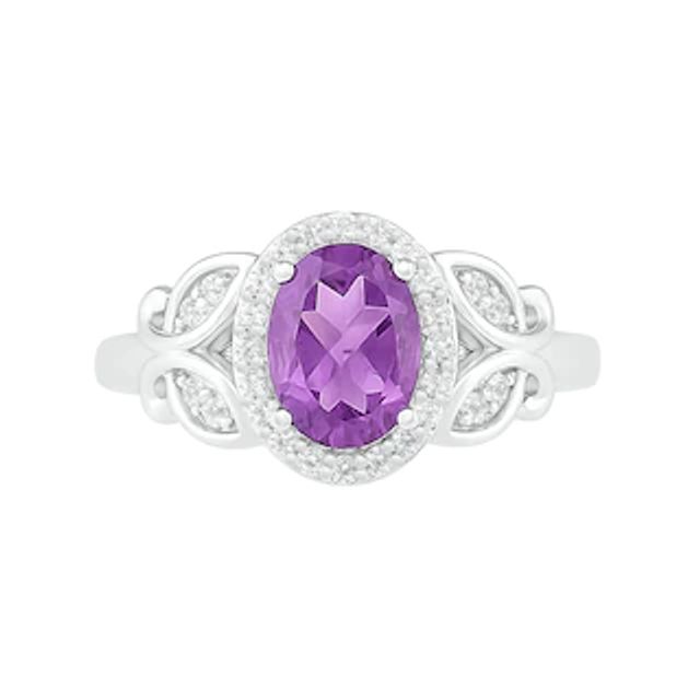 Oval Amethyst and White Lab-Created Sapphire Frame Leaf-Sides Ring in Sterling Silver|Peoples Jewellers