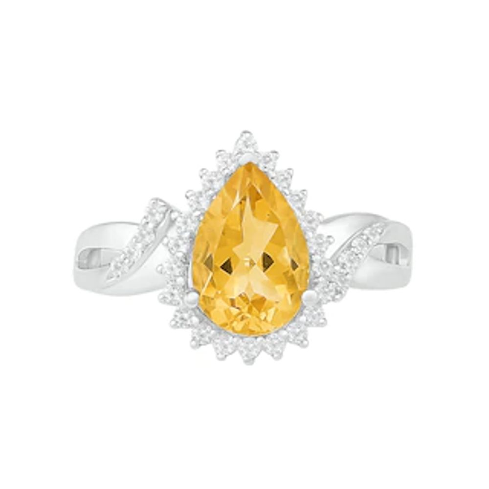 Pear-Shaped Citrine and White Lab-Created Sapphire Starburst Frame Twist Split Shank Ring in Sterling Silver|Peoples Jewellers