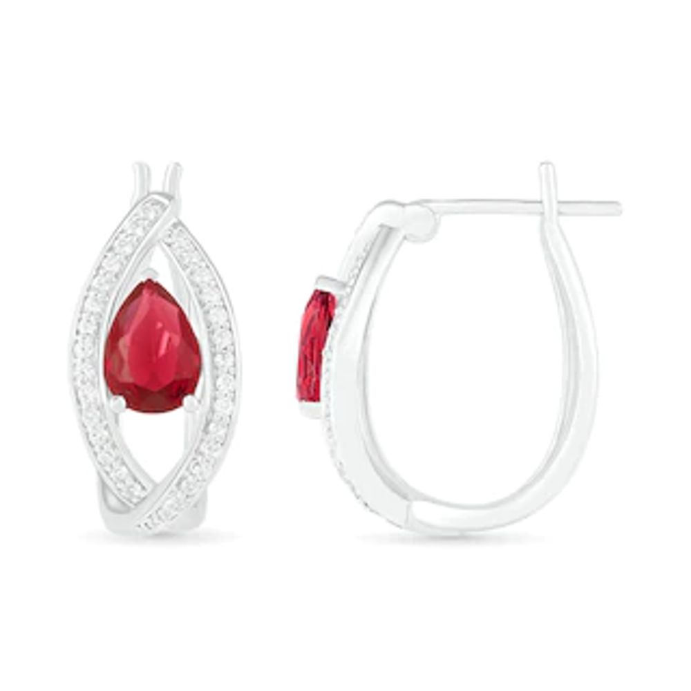 Pear-Shaped Lab-Created Ruby and White Sapphire Marquise Orbit Frame Hoop Earrings in Sterling Silver|Peoples Jewellers
