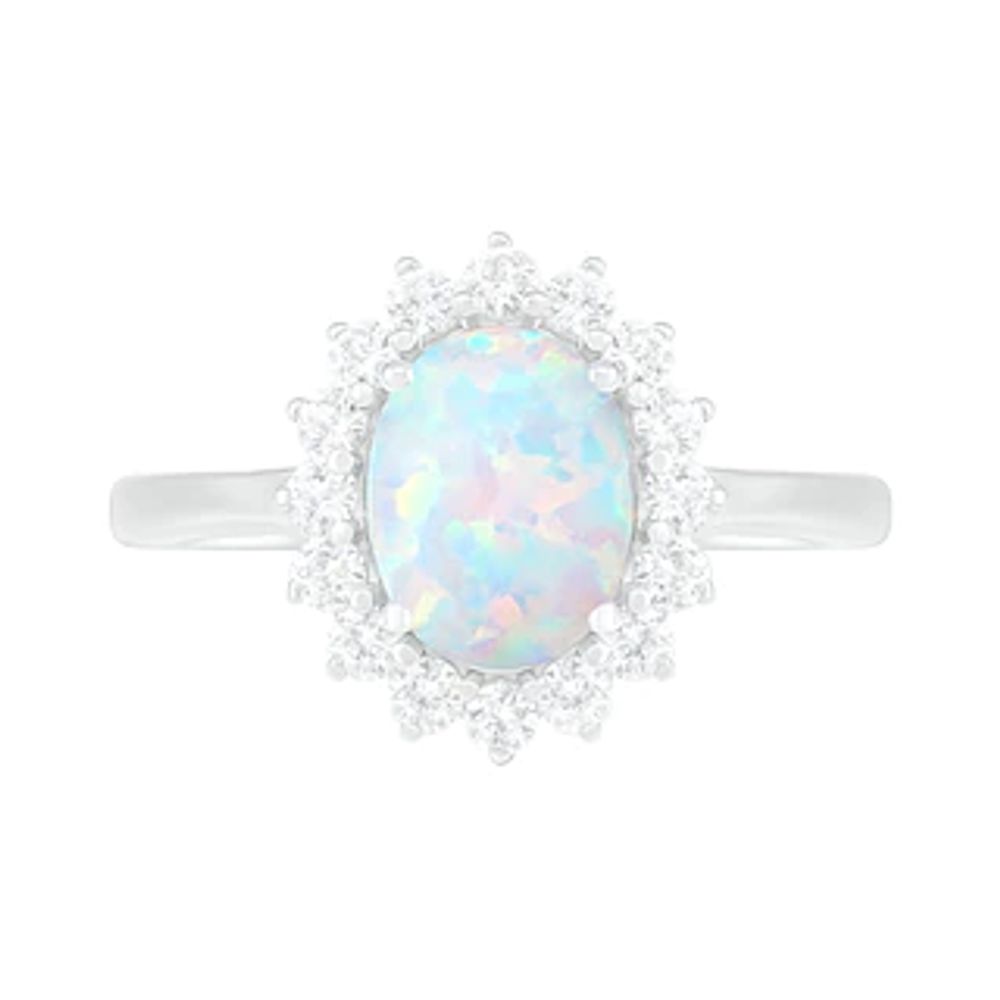 Oval Lab-Created Opal and White Sapphire Starburst Frame Ring in Sterling Silver|Peoples Jewellers