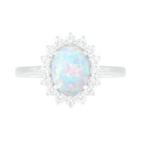 Oval Lab-Created Opal and White Sapphire Starburst Frame Ring in Sterling Silver|Peoples Jewellers