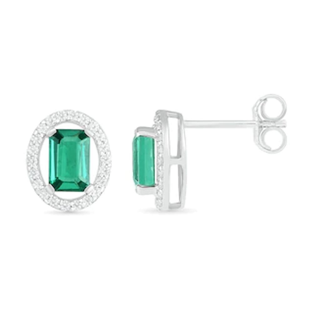 Emerald-Cut Lab-Created Emerald and White Sapphire Open Oval Frame Drop Earrings in Sterling Silver|Peoples Jewellers