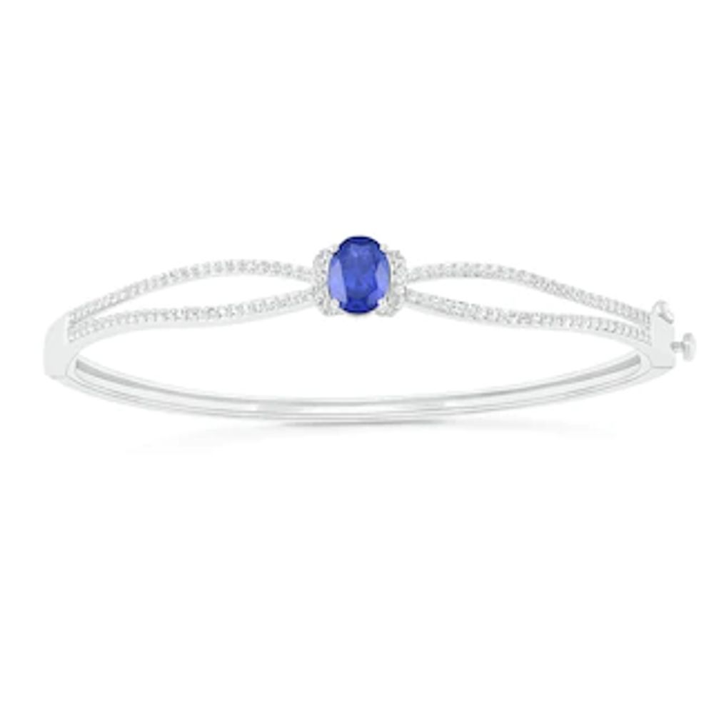 Oval Lab-Created Blue and White Sapphire Collar Double Row Loop Split Bangle in Sterling Silver|Peoples Jewellers