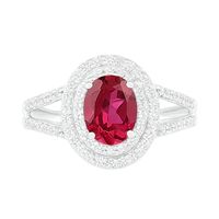 Oval Lab-Created Ruby and White Sapphire Double Frame Split Shank Ring in Sterling Silver|Peoples Jewellers