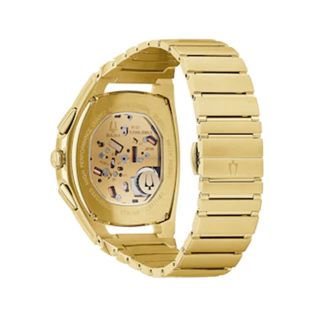 Men's Bulova Curv Gold-Tone Chronograph Watch with Tonneau Champagne Skeleton Dial (Model: 97A160)|Peoples Jewellers