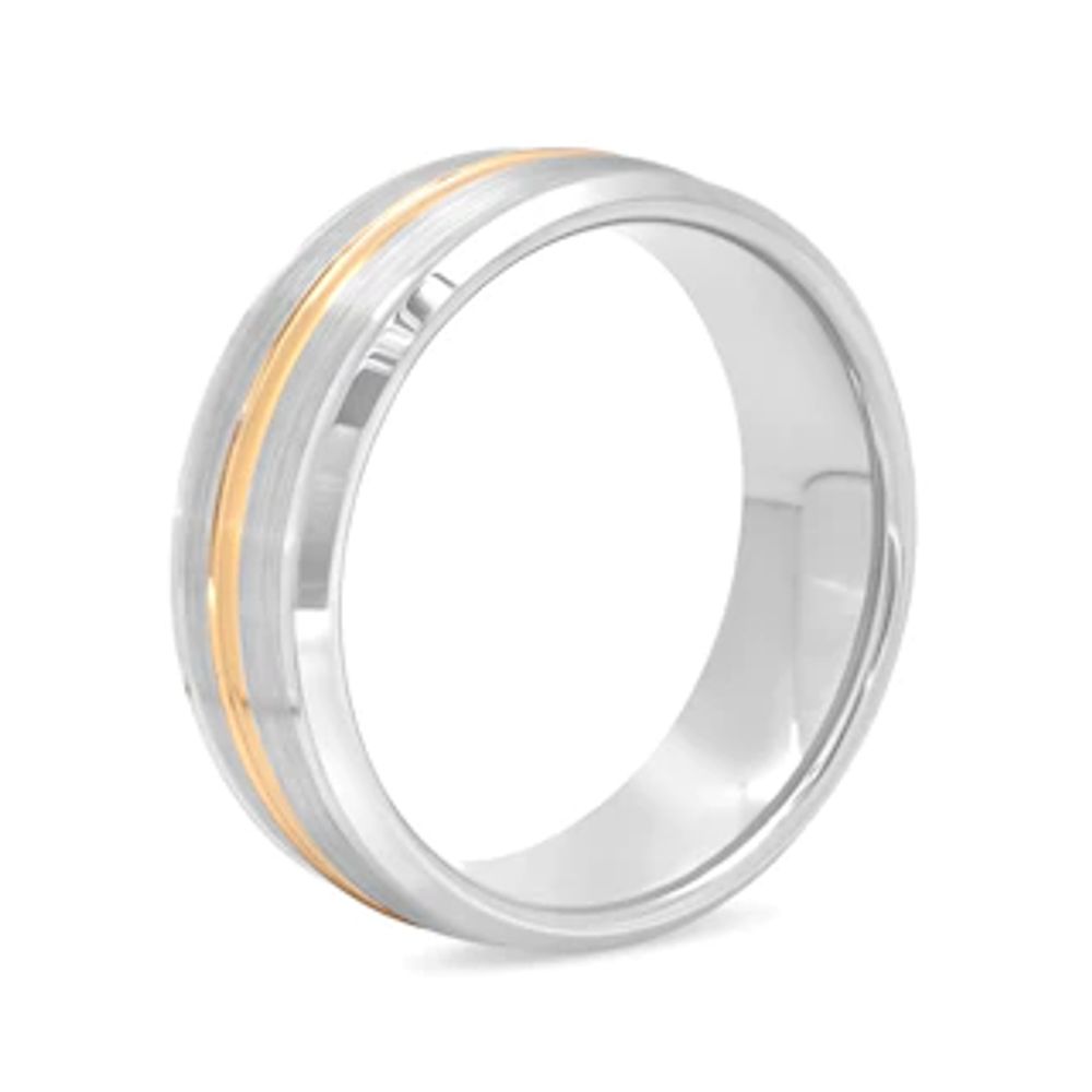 Men's 8.0mm Satin Inlay Groove Bevelled Edge Comfort-Fit Wedding Band in Tantalum and Yellow IP (1 Line)|Peoples Jewellers