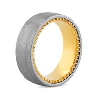 Men's 8.0mm Engravable Brushed Zig-Zag Pattern Outer Edge Comfort-Fit Wedding Band in Tantalum and Yellow IP (1 Line)|Peoples Jewellers