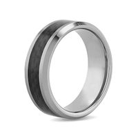 Men's 8.0mm Engravable Bevelled Edge Comfort-Fit Wedding Band in Tungsten with Carbon Fibre Inlay (1 Line)|Peoples Jewellers