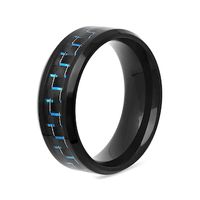 Men's 8.0mm Bevelled Edge Wedding Band in Stainless Steel with Black and Blue IP and Woven Carbon Fibre Inlay (1 Line)|Peoples Jewellers