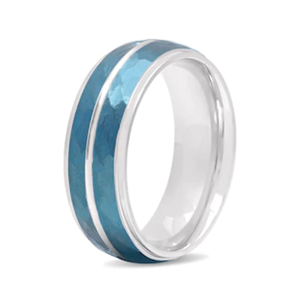 Men's 8.0mm Hammered Groove Stepped Edge Comfort-Fit Wedding Band in Stainless Steel and Blue IP (1 Line)|Peoples Jewellers