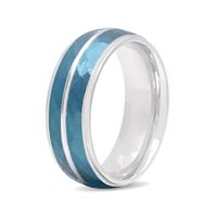 Men's 8.0mm Hammered Groove Stepped Edge Comfort-Fit Wedding Band in Stainless Steel and Blue IP (1 Line)|Peoples Jewellers