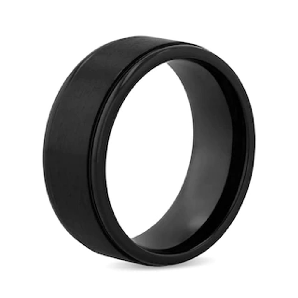 Men's 9.0mm Engravable Satin Stepped Edge Comfort-Fit Wedding Band in Titanium with Black IP (1 Line)|Peoples Jewellers