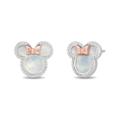 Disney Treasures Minnie Mouse Mother of Pearl and Diamond Outline Stud Earrings in Sterling Silver and 10K Rose Gold|Peoples Jewellers
