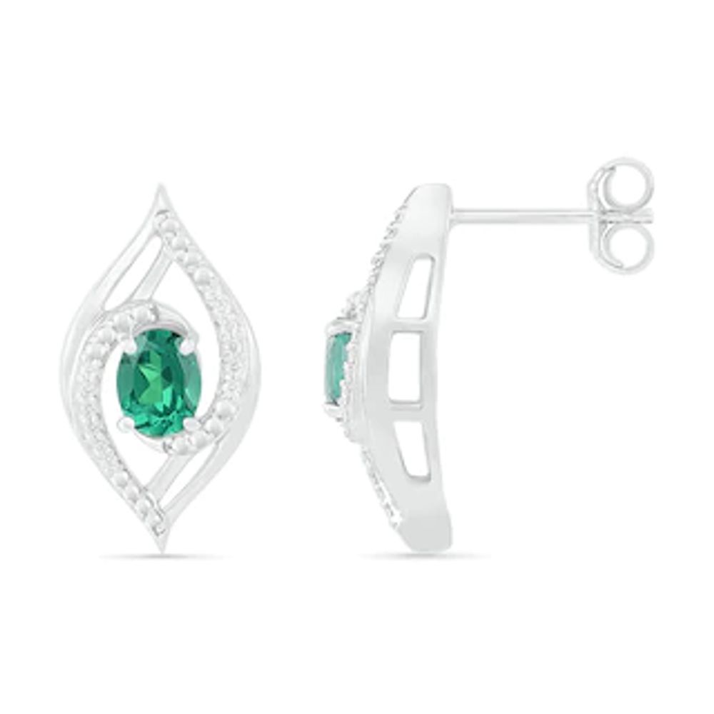 Lab-Created Oval Emerald and 0.067 CT. T.W. Diamond Bypass Flame Stud Earrings in Sterling Silver|Peoples Jewellers