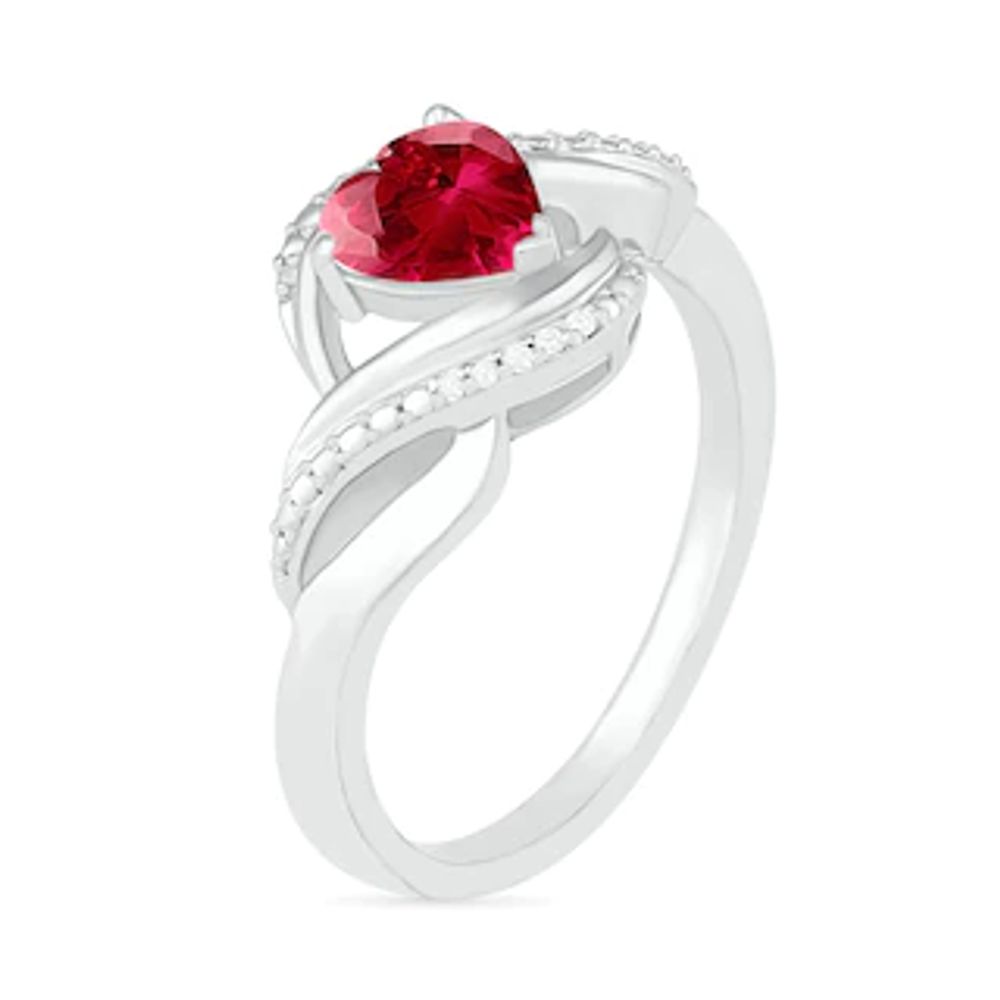 Heart-Shaped Lab-Created Ruby and Diamond Accent Ribbon Ring in Sterling Silver|Peoples Jewellers