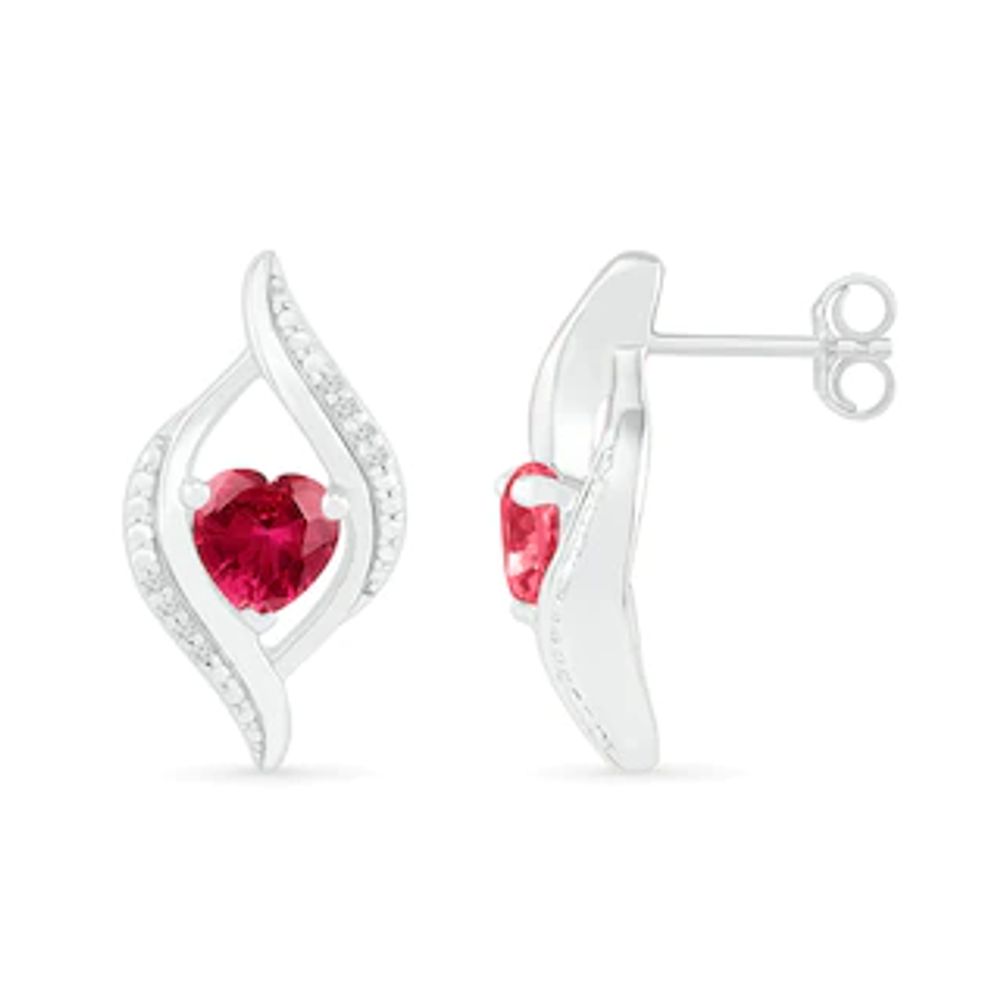 Heart-Shaped Lab-Created Ruby and 0.04 CT. T.W. Diamond Open Flame Stud Earrings in Sterling Silver|Peoples Jewellers