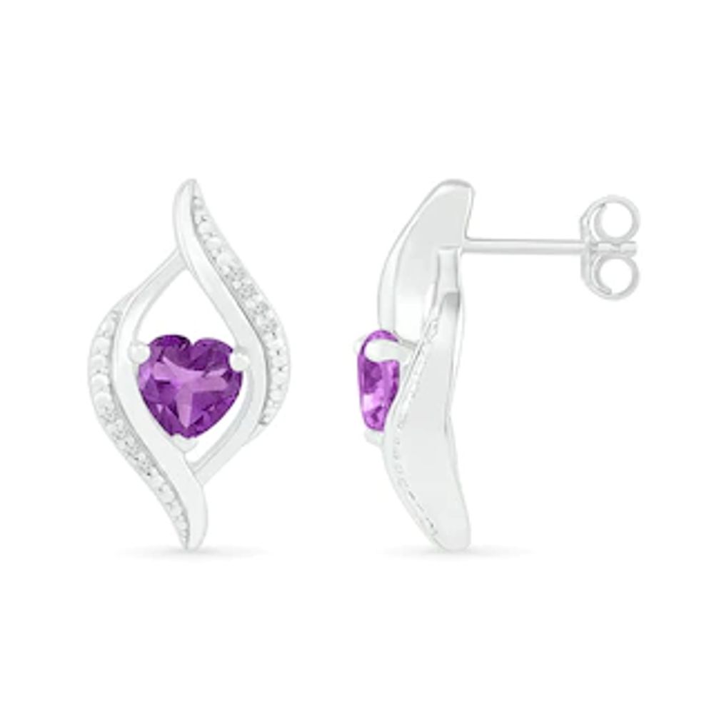 Heart-Shaped Amethyst and 0.04 CT. T.W. Diamond Open Flame Stud Earrings in Sterling Silver|Peoples Jewellers