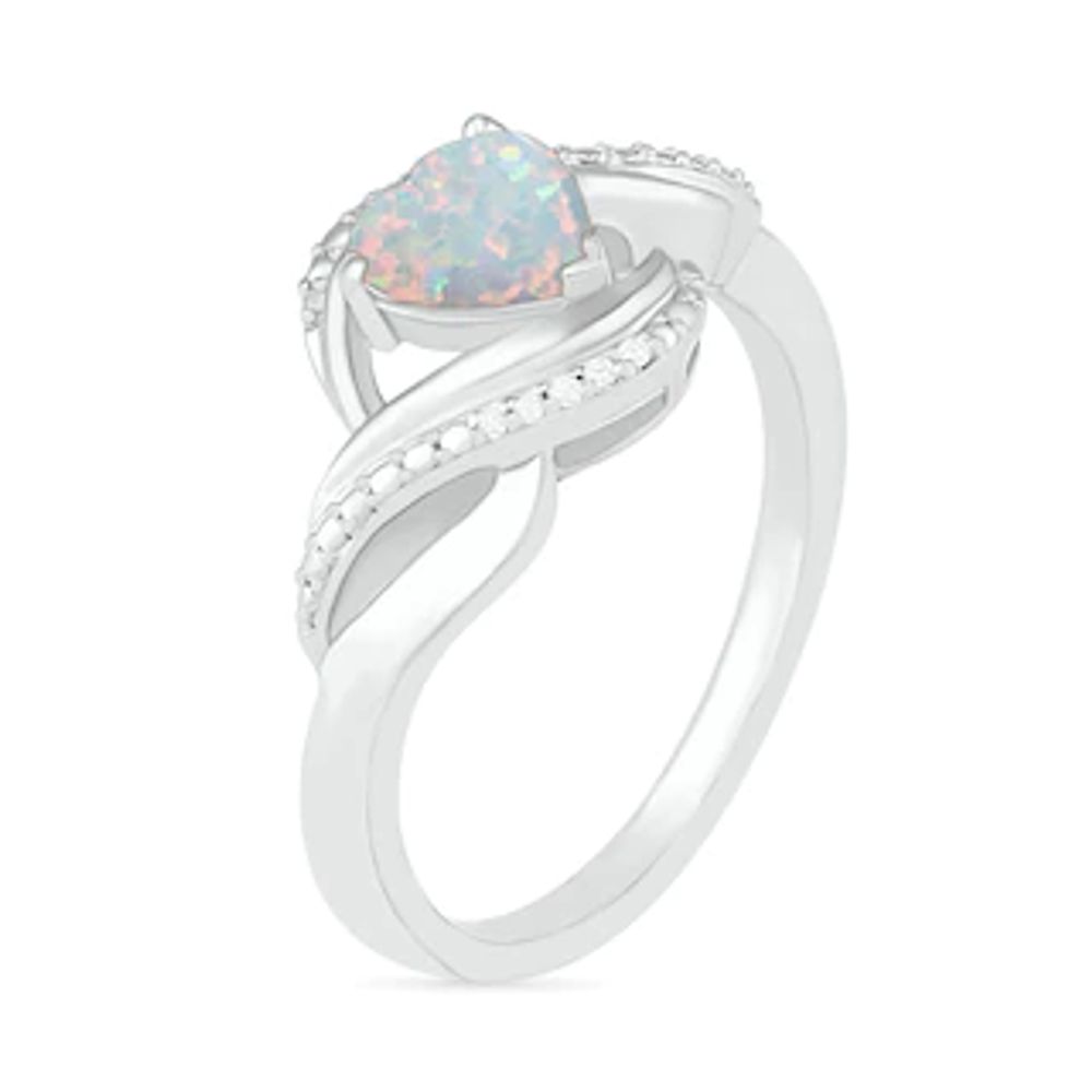 Heart-Shaped Lab-Created Opal and Diamond Accent Ribbon Ring in Sterling Silver|Peoples Jewellers