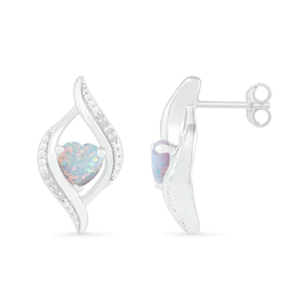 Heart-Shaped Lab-Created Opal and 0.04 CT. T.W. Diamond Open Flame Stud Earrings in Sterling Silver|Peoples Jewellers