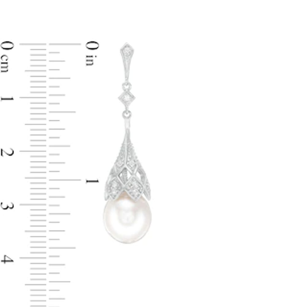 IMPERIAL® Oval Freshwater Cultured Pearl and Lab-Created White Sapphire Vintage-Style Drop Earrings in Sterling Silver|Peoples Jewellers