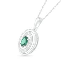 Oval Lab-Created Emerald and 0.065 CT. T.W. Diamond Beaded Open Swirl Frame Drop Pendant in Sterling Silver|Peoples Jewellers