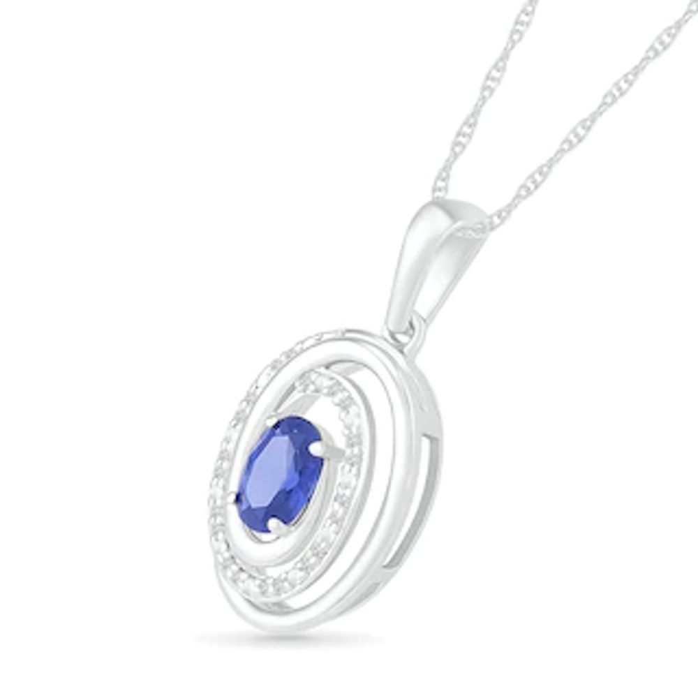 Oval Lab-Created Sapphire and 0.065 CT. T.W. Diamond Beaded Open Swirl Frame Drop Pendant in Sterling Silver|Peoples Jewellers