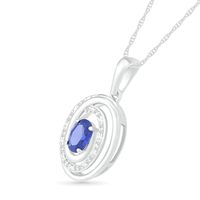 Oval Lab-Created Sapphire and 0.065 CT. T.W. Diamond Beaded Open Swirl Frame Drop Pendant in Sterling Silver|Peoples Jewellers