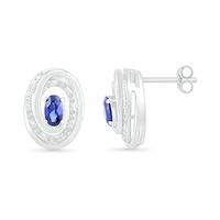 Oval Lab-Created Sapphire and 0.066 CT. T.W. Diamond Beaded Open Swirl Frame Stud Earrings in Sterling Silver|Peoples Jewellers