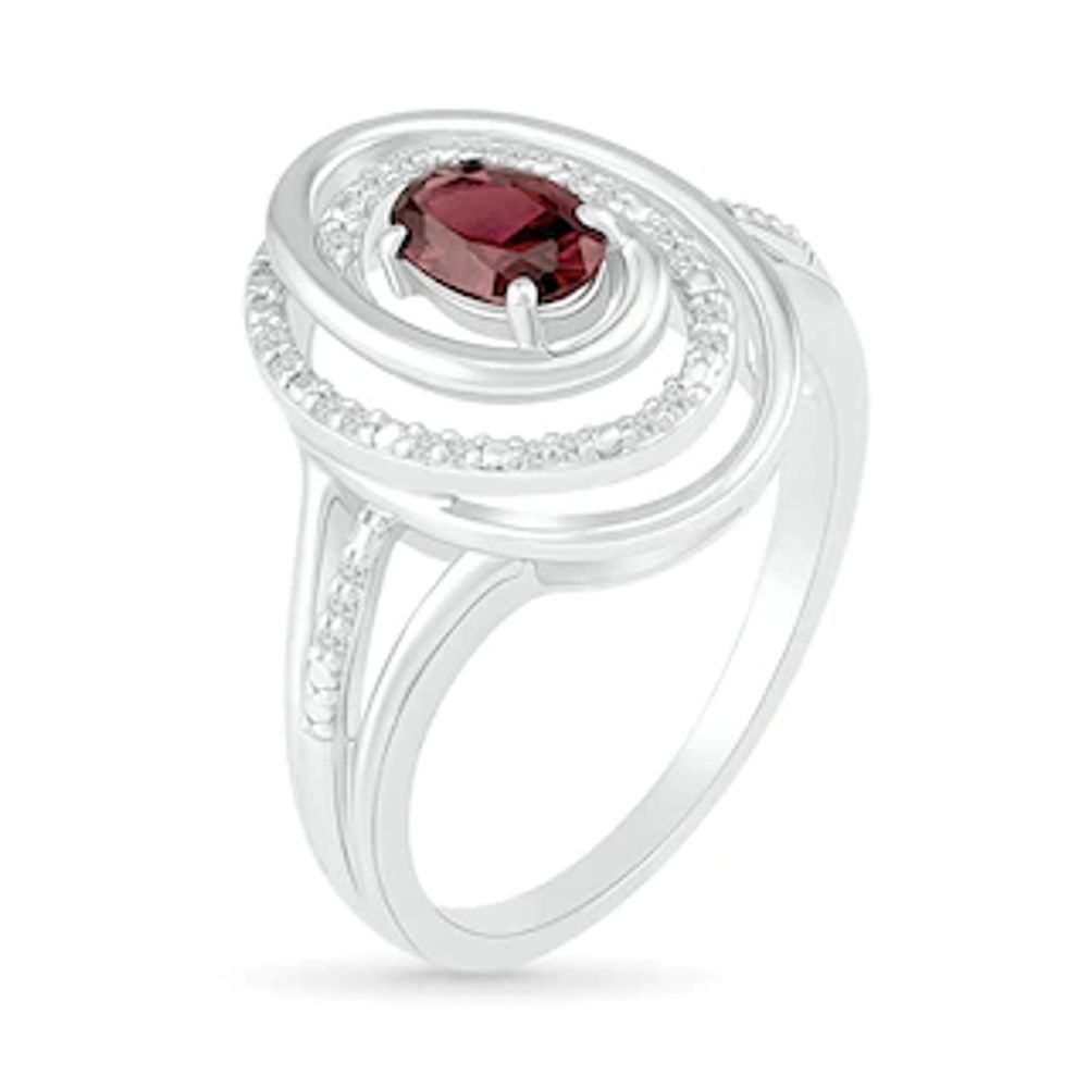 Oval Garnet and 0.065 CT. T.W. Diamond Beaded Open Swirl Frame Triple Row Split Shank Ring in Sterling Silver|Peoples Jewellers