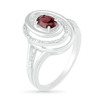 Oval Garnet and 0.065 CT. T.W. Diamond Beaded Open Swirl Frame Triple Row Split Shank Ring in Sterling Silver|Peoples Jewellers