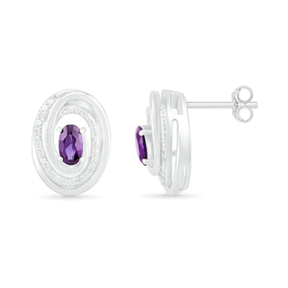 Oval Amethyst and 0.066 CT. T.W. Diamond Beaded Open Swirl Frame Stud Earrings in Sterling Silver|Peoples Jewellers