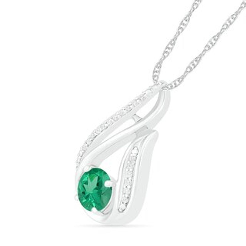 6.0mm Lab-Created Emerald and 0.066 CT. T.W. Diamond Beaded Open Flame Pendant in Sterling Silver|Peoples Jewellers