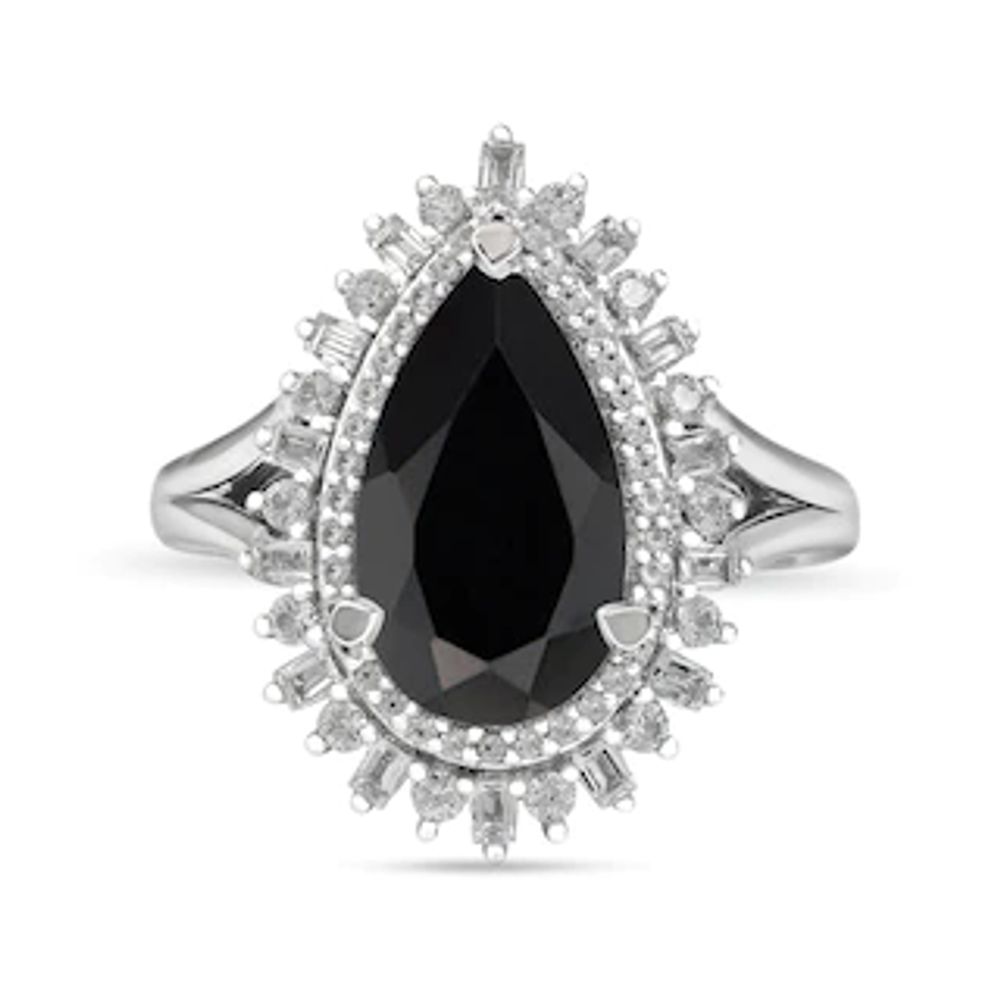 Pear-Shaped Onyx and White Lab-Created Sapphire Double Shadow Frame Split Shank Ring in Sterling Silver|Peoples Jewellers