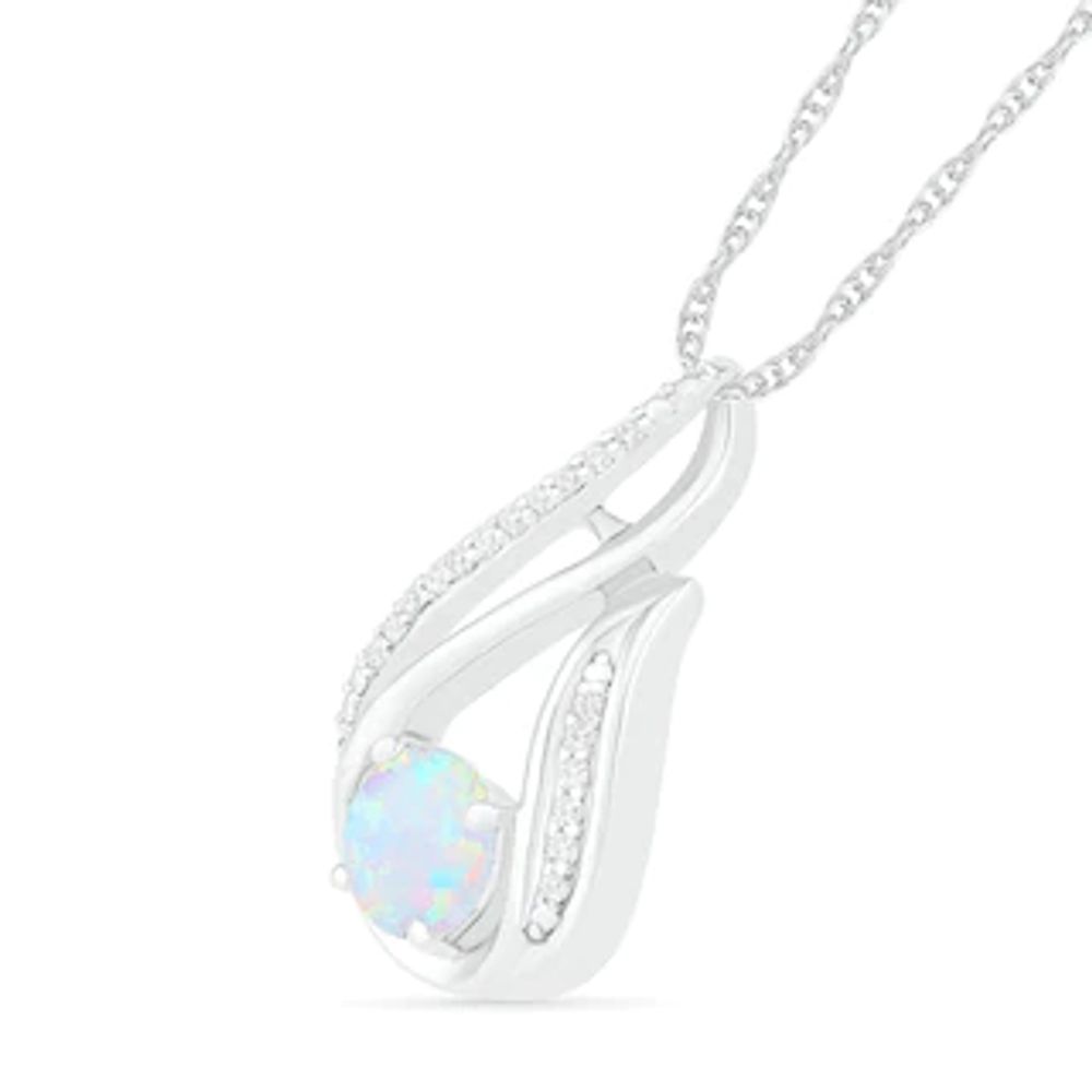 6.0mm Lab-Created Opal and 0.07 CT. T.W. Diamond Beaded Open Flame Pendant in Sterling Silver|Peoples Jewellers