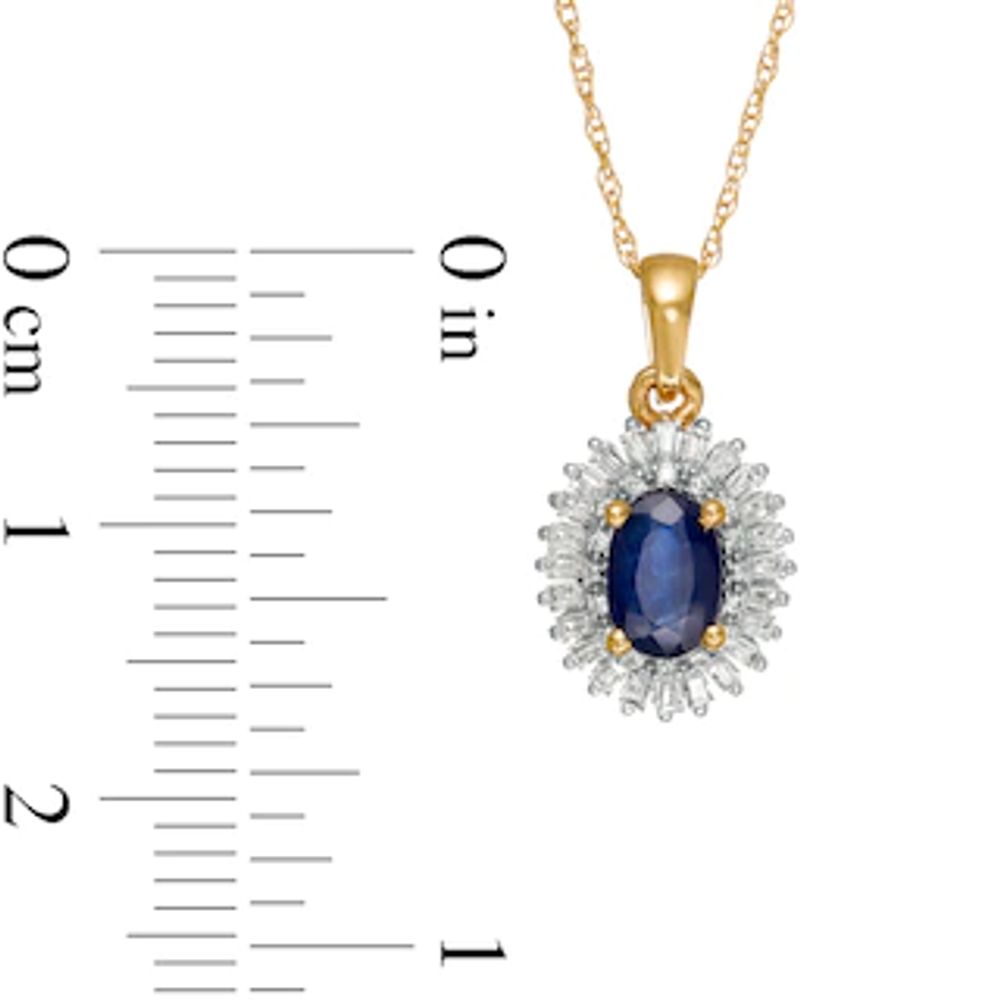 Oval Blue Sapphire and 0.19 CT. T.W. Baguette and Round Diamond Double Frame Floral Drop Pendant in 10K Gold|Peoples Jewellers