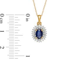 Oval Blue Sapphire and 0.19 CT. T.W. Baguette and Round Diamond Double Frame Floral Drop Pendant in 10K Gold|Peoples Jewellers