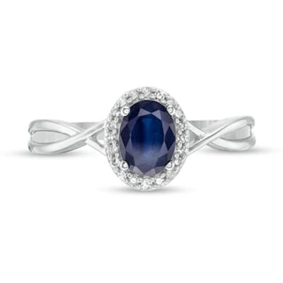 Oval Blue Sapphire and 0.08 CT. T.W. Diamond Frame Twist Shank Ring in 10K White Gold|Peoples Jewellers