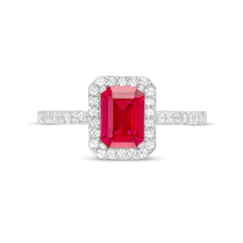 Emerald-Cut Lab-Created Ruby and White Sapphire Octagonal Frame Ring in Sterling Silver|Peoples Jewellers