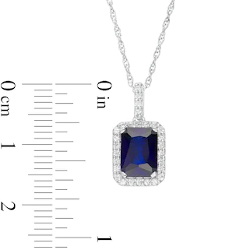 Emerald-Cut Lab-Created Blue and White Sapphire Octagonal Frame Drop Pendant in Sterling Silver|Peoples Jewellers