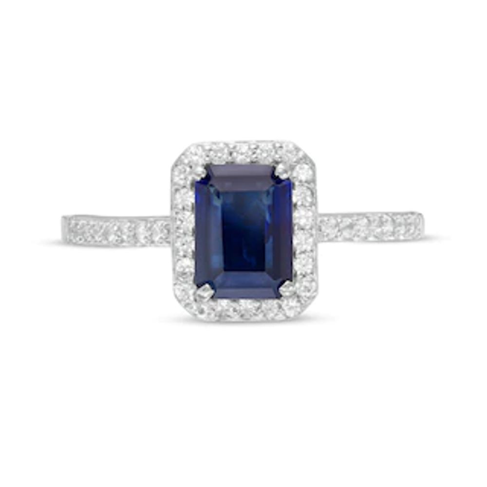 Emerald-Cut Lab-Created Blue and White Sapphire Octagonal Frame Ring in Sterling Silver|Peoples Jewellers