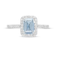 Emerald-Cut Simulated Aquamarine and White Lab-Created Sapphire Octagonal Frame Ring in Sterling Silver|Peoples Jewellers