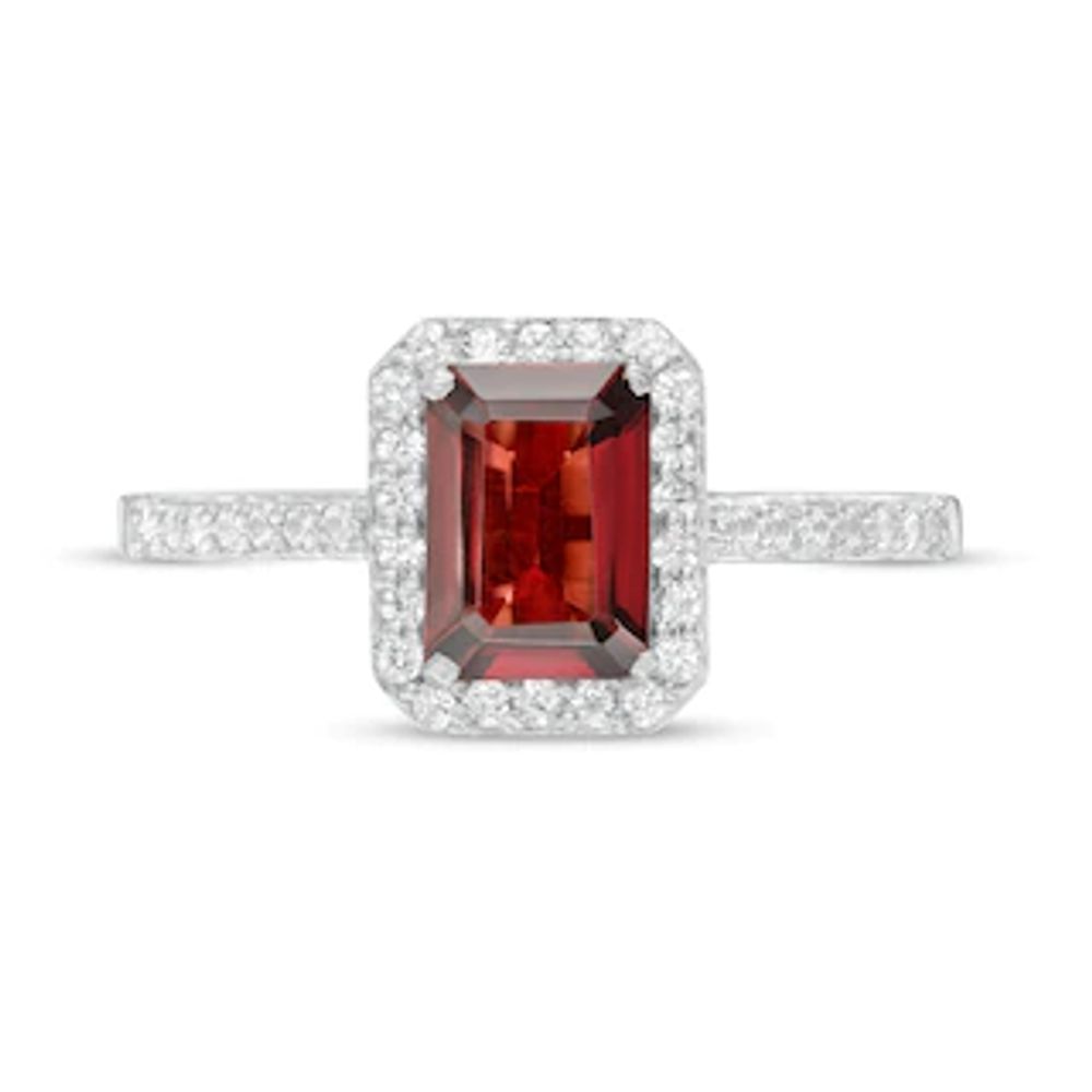 Emerald-Cut Simulated Garnet and Lab-Created White Sapphire Octagonal Frame Ring in Sterling Silver|Peoples Jewellers