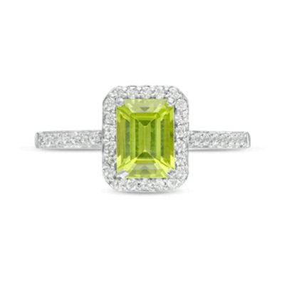 Emerald-Cut Simulated Peridot and White Lab-Created Sapphire Octagonal Frame Ring in Sterling Silver|Peoples Jewellers
