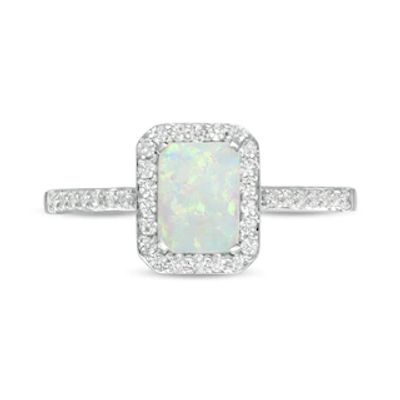Emerald-Cut Lab-Created Opal and White Sapphire Octagonal Frame Ring in Sterling Silver|Peoples Jewellers