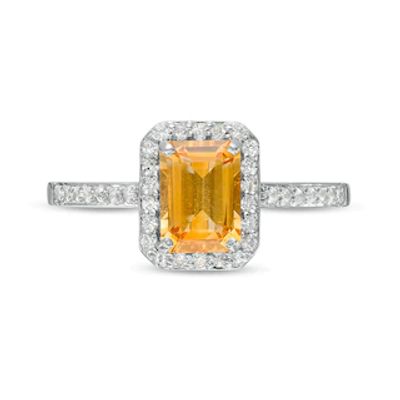 Emerald-Cut Lab-Created Citrine and White Lab-Created Sapphire Octagonal Frame Ring in Sterling Silver|Peoples Jewellers